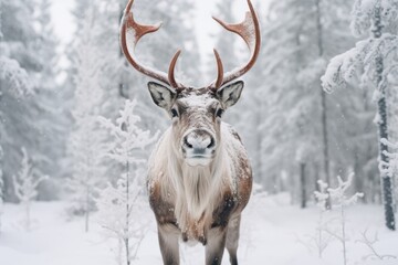 Big elk in winter forest. Bull Elk male. Banner with beautiful animal in the nature habitat. Wildlife scene from the wild nature landscape. Wallpaper, Christmas background