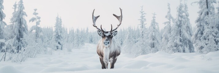 Big elk in winter forest. Bull Elk male. Banner with beautiful animal in the nature habitat....
