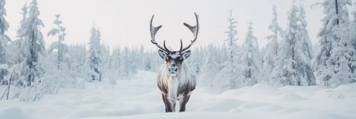 Foto op Canvas Big elk in winter forest. Bull Elk male. Banner with beautiful animal in the nature habitat. Wildlife scene from the wild nature landscape. Wallpaper, Christmas background © ratatosk