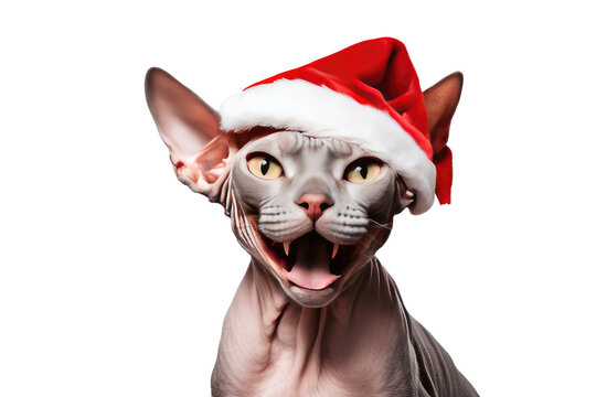 a stock photograph of a single satisfied happy sphynx cat with a santa hat on isolated on a white background