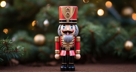 a nutcracker stands next to lights on a christmas tree.