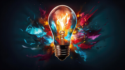 light bulb in blue, in the style of colorful surrealist, poured paint, light orange and magenta,...