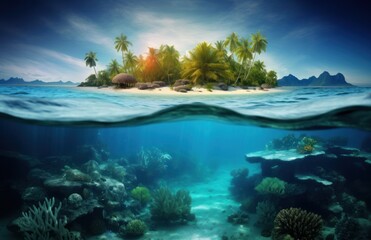 Fototapeta na wymiar an underwater coconut island over the ocean with corals, fish and coconuts on the surface