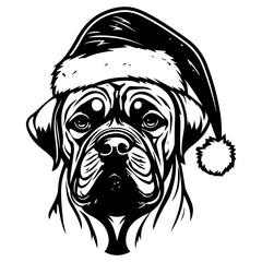 Cute bullmastiff Dog wearing Santa hat head, Christmas illustration, Generative AI.