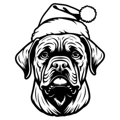 Cute bullmastiff Dog wearing Santa hat head, Christmas illustration, Generative AI.