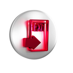 Red Fire exit icon isolated on transparent background. Fire emergency icon. Silver circle button.