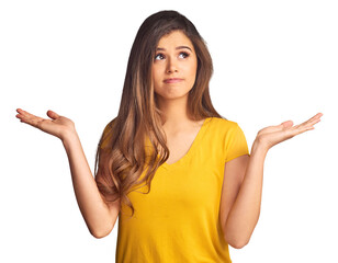 Woman, confused and shrug for decision, choice or option with hands for presentation. Female model, gesture and thinking emoji on isolated or transparent png background for offer, unsure or question - obrazy, fototapety, plakaty