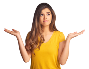 Woman, confused and shrug for decision, choice or option with hands for presentation. Female model, gesture and thinking emoji on isolated or transparent png background for offer, unsure or question