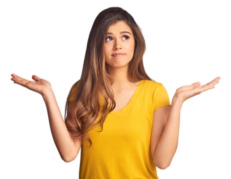 Woman, confused and shrug for decision, choice or option with hands for presentation. Female model, gesture and thinking emoji on isolated or transparent png background for offer, unsure or question - Powered by Adobe