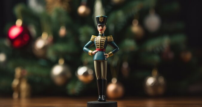a figurine of an army leader is in front of a christmas tree