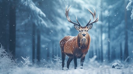 Fallow deer in winter forest. Noble deer male. Banner with beautiful animal in the nature habitat....