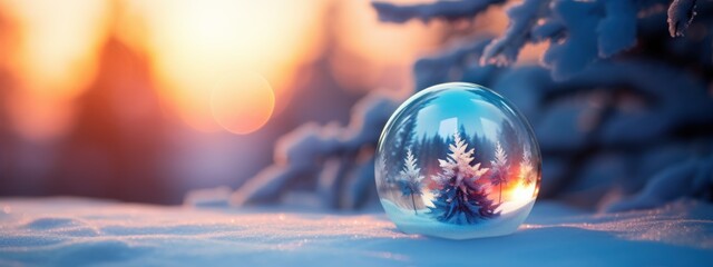 Merry Christmas and New Year concept. simple winter banner with ball transparent and tree inside and forest trees on bokeh background. space for text