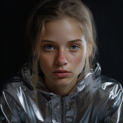 Fotografia con detalle de joven con pelo rubio y chaqueta con tonos plata