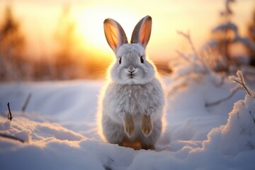 Little hare in winter coat. Single cute arctic hare with white fur sitting on clean and bright...