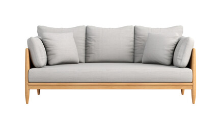 Chic Scandinavian-style sofa in light gray with clean lines and cushions, set on natural wood legs. Couch on transparent background. Cut out furniture. Front view. PNG