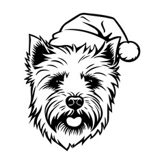 Cute cairn terrier Dog wearing Santa hat head, Christmas illustration, Generative AI.