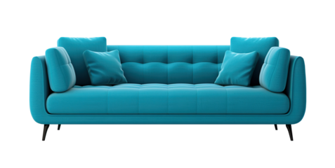 Chic blue sofa with tufted backrest and plush cushions, stylishly perched on slender wooden legs, on transparent background. Cut out furniture. Front view. PNG