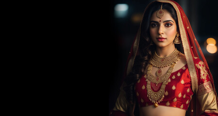 Magnificent young Indian bride in luxurious bridal costume with makeup and heavy jewellery with classic vintage interior in studio lighting.  Generative AI.