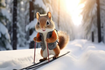 Cute red squirrel in a warm jacket is skiing. Funny pet play winter game. Winter sport creative concept for design, banner, poster. Baby winter holidays creative greeting card with copy space - obrazy, fototapety, plakaty