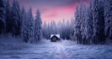 a small cabin is in the snow near trees at night - Powered by Adobe