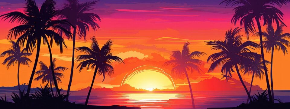 a tropical sunset with colorful palm trees and clouds