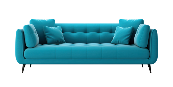 Chic blue sofa with tufted backrest and plush cushions, stylishly perched on slender wooden legs, on transparent background. Cut out furniture. Front view. PNG