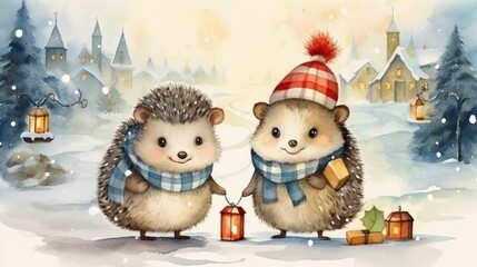 Merry Christmas and New Year concept. cute two hedgehogs in a santa claus hat celebrate christmas against the backdrop of a winter landscape snow, vertical postcard