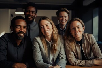 Obraz premium Contemporary Corporate Joy: Young Entrepreneurs on Office Stools