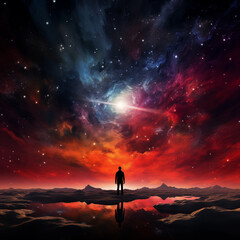 silhouette of a man against background of space, standing on surface of planet, light effects, stars and galaxy