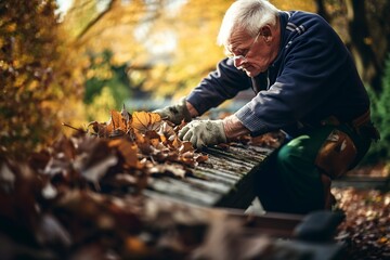 Naklejka na ściany i meble old man cleaning the garden of dry leaves using thick gloves