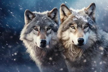 Tuinposter Two beautiful wild arctic wolves in wolf pack in cold snowy winter forest. Couple of gray wolves. Banner with wild animals in nature habitat. Wildlife scene © ratatosk