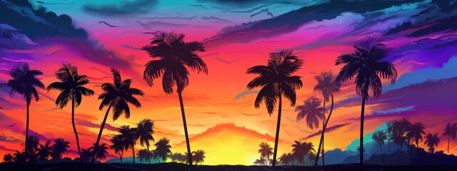 Fototapeta na wymiar a tropical sunset with colorful palm trees and clouds