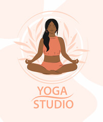 Yoga studio. Woman meditating, practicing yoga. Vector illustration.