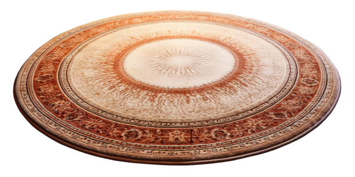 Exquisite round carpet with detailed beige and brown patterns, combining classic and modern styles, perfect for adding elegance to any room. Rug on transparent background. PNG