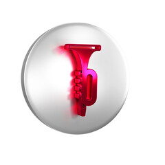 Red Trumpet icon isolated on transparent background. Musical instrument. Silver circle button.