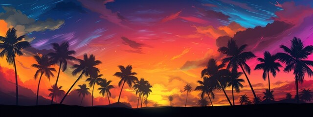 a tropical sunset with colorful palm trees and clouds - obrazy, fototapety, plakaty