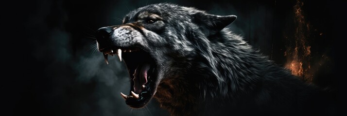 Angry grinning wolf (Canis lupus) on black background. Growling muzzle of a wolf. Banner about wild animal with copy space