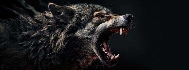 Angry grinning wolf (Canis lupus) on black background. Growling muzzle of a wolf. Banner about wild...