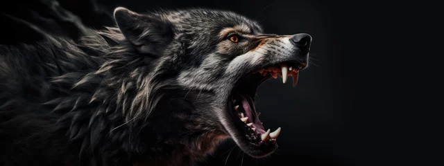 Fotobehang Angry grinning wolf (Canis lupus) on black background. Growling muzzle of a wolf. Banner about wild animal with copy space © ratatosk