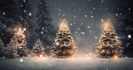 lighted christmas trees in the snow