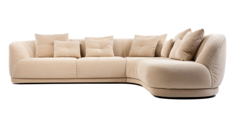 Stylish beige sectional sofa with plush cushions and a contemporary curved design, offering comfort and modern elegance, on transparent background. Cut out furniture. Front view. PNG