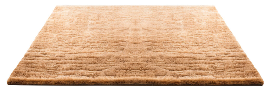 High-quality, plush brown rectangular carpet with a detailed soft texture, perfect for modern home interiors, on transparent background. Cut out home decor. Front view. PNG