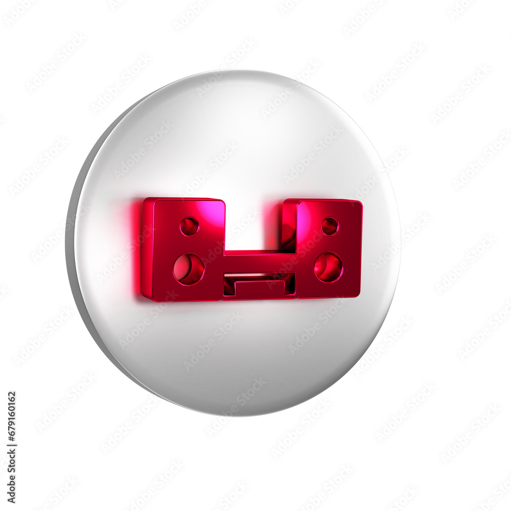 Sticker red home stereo with two speakers icon isolated on transparent background. music system. silver circ