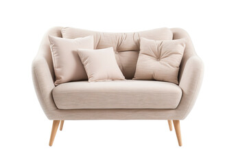 Small, chic Scandinavian-style sofa in beige with clean lines and cushions, set on natural wood legs. Couch on transparent background. Cut out furniture. Front view. PNG - obrazy, fototapety, plakaty
