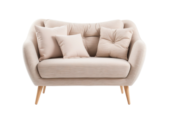 Small, chic Scandinavian-style sofa in beige with clean lines and cushions, set on natural wood legs. Couch on transparent background. Cut out furniture. Front view. PNG