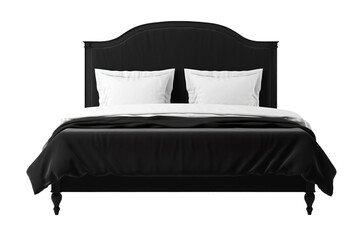Classic black bed with an elegant silhouette, featuring crisp white sheets and a sophisticated black bedspread. Double bed on transparent background. Cut out furniture. Front view. PNG - obrazy, fototapety, plakaty
