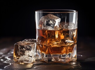 whiskey glass with ice cubes