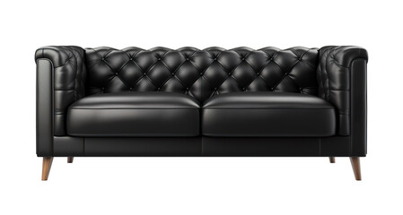 Elegant, classic black leather sofa, embodying sophistication and timeless design, on transparent background. Cut out furniture. Front view. PNG