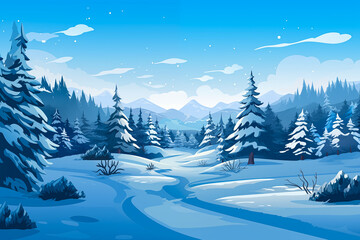 winter landscape with christmas trees and mountains
