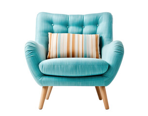 Cozy blue armchair in Scandinavian style with wooden legs and cushion, perfect for modern living space. Lounge chair on transparent background. Cut out furniture. Front view. PNG